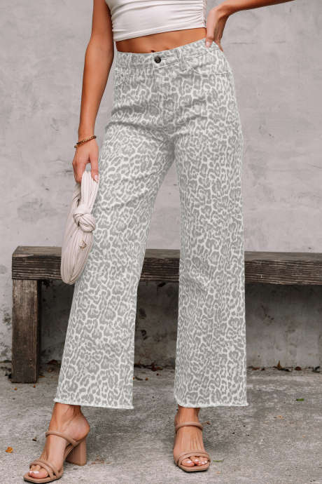 Gray Leopard Frayed Edge Wide Leg High Waist Jeans