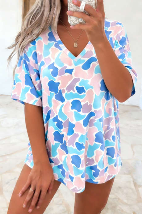 スカイブルー カモフラージュプリント Vネック オーバーサイズ Tシャツ