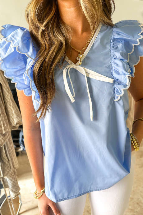 Beau Blue Contrast Trim Ribbon V Neck Scalloped Ruffle Short Sleeve Blouse