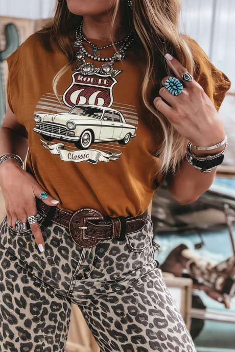 Chestnut Legendary ROUTE 66 Western Fashion T Shirt