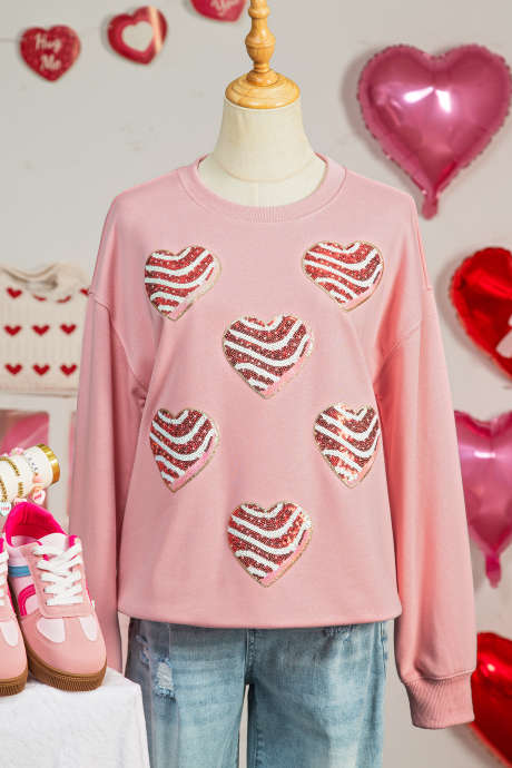 Sweat-shirt à col rond rose à paillettes et imprimé cœur de la Saint-Valentin LC25321124-10