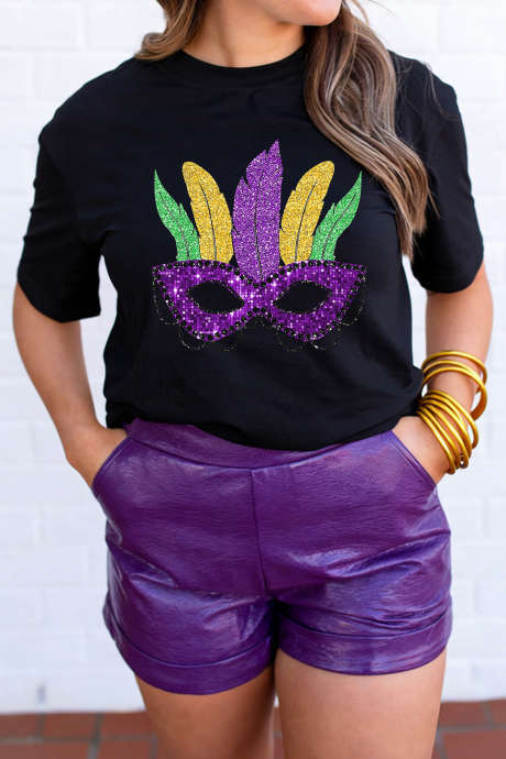 Black Glitter Mardi Gras Mask Graphic T Shirt LC25230879-2