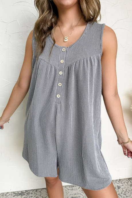 Gray Twisted Rib Half Button Sleeveless Romper