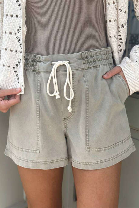 Laurel Green Lace-up Waist Casual Denim Shorts