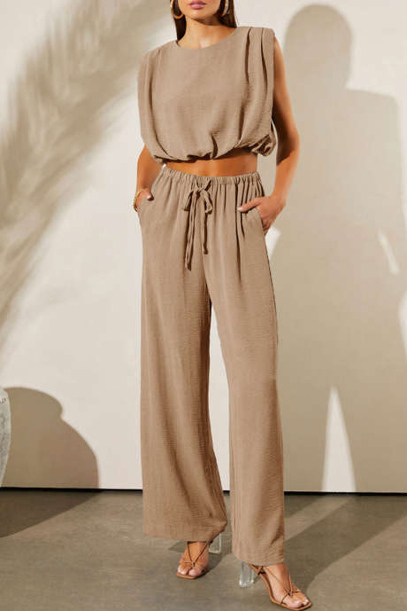 Pale Khaki Solid Color Keyhole Puffy Tank Drawstring Loose Pants 2pcs Outfit LC625416-P5016
