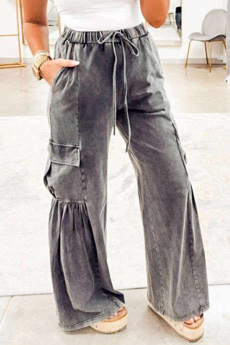 Dark Grey Mineral Wash Drawstring Elastic Waist Cargo Pocket Loose Pants