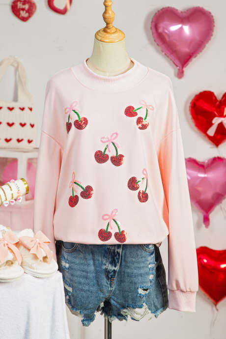 Apricot Pink Sequin Bow Cherry Patched Mock Neck Baggy Sweatshirt