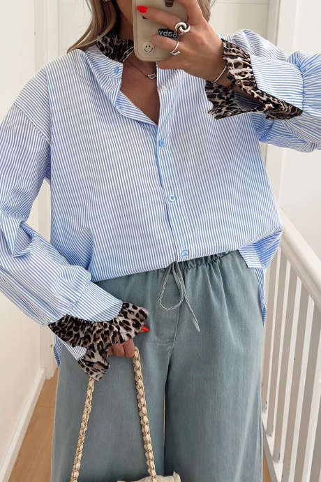 Sky Blue Stripe Ruffled Leopard Patchwork Long Sleeve Button Down Loose Shirt LC2557310-P419