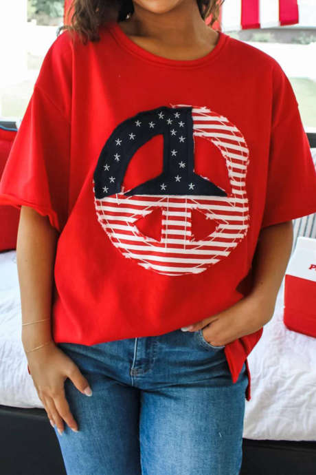 Fiery Red Star and Stripes Raw Seam Peace Sign Oversize Tee