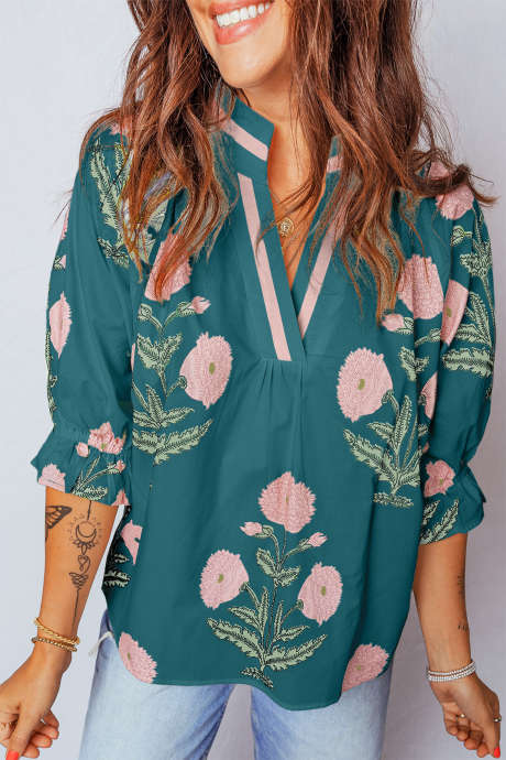 Green Casual Wild Flower Print V Neck 3/4 Sleeve Blouse