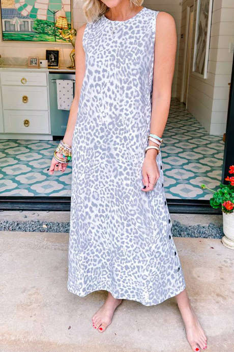 Gray Stripe Leopard Print Button Detail Sleeveless Dress