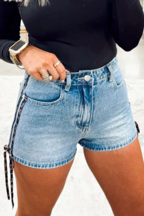 Beau Blue Leopard Contrast Detail Slim Fit Denim Shorts