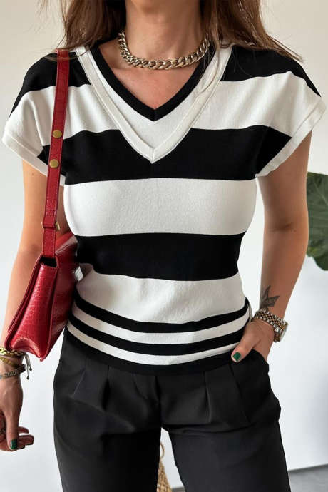 Black Contrasting V Neck Cap Sleeve Sweater Tee