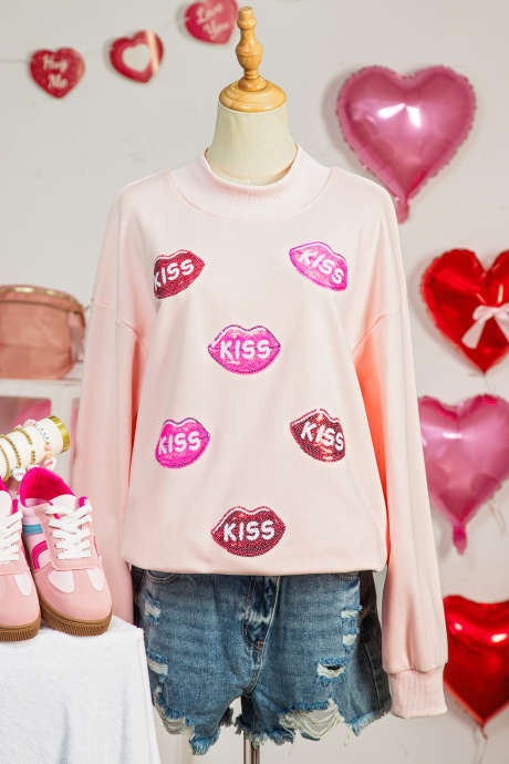 Apricot Pink Mock Neck Sequin KISS Lips Patched Oversize Sweatshirt