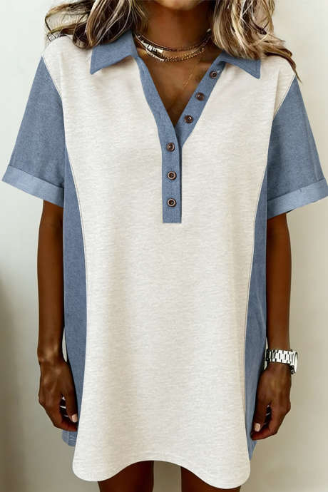 Light Grey Denim Color Block Patchwork Button Polo Collar T Shirt Tunic Dress LC6127924-P1011