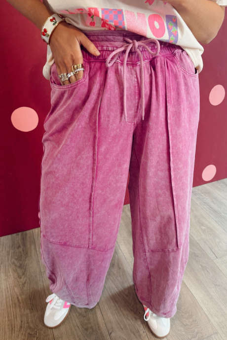 Bright Pink Mineral Wash Seam Detail Drawstring High Waist Loose Pants