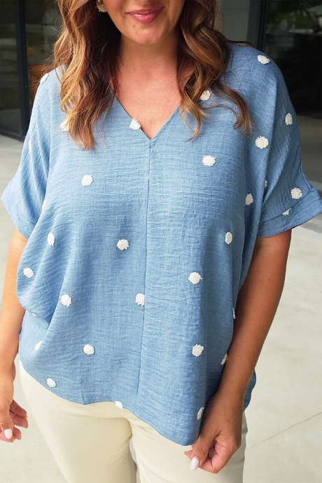 Beau Blue Plus Size Polka Dot Textured V Neck Short Sleeve Blouse