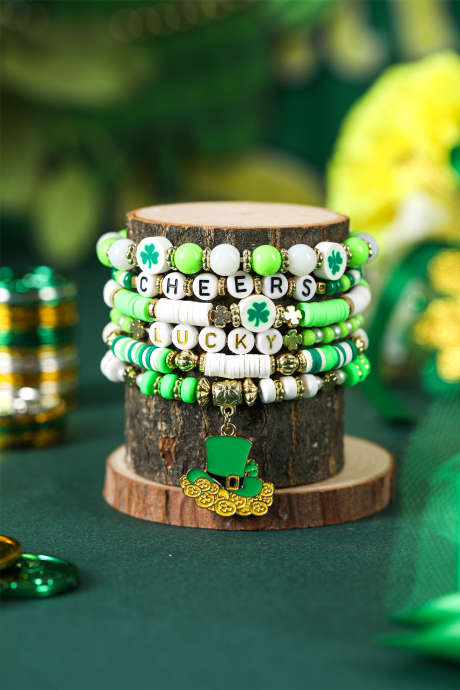 Green LUCKY CHEERS St Patricks Day Multilayered 6pcs Bracelet Set BH014713-P9
