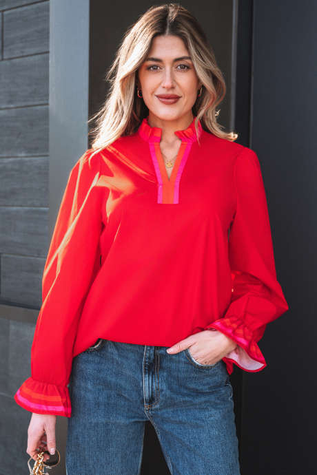 Bluzka w kolorze ognistej czerwieni z długimi rękawami i falbanką w paski LC25134177-P3