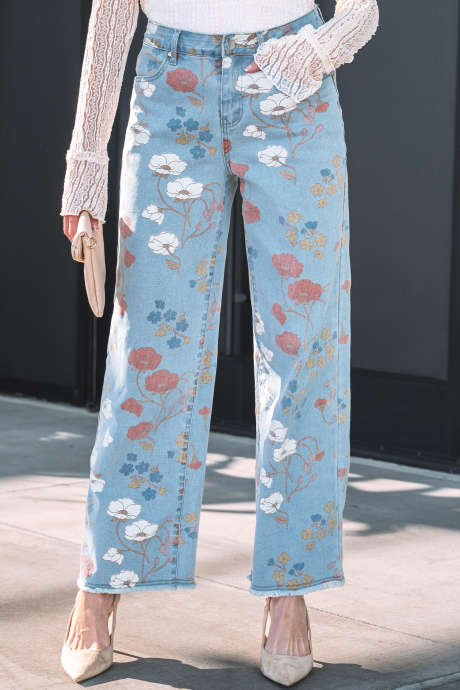 Sky Blue Floral Printed Raw Hem Shift Jeans LC7876147-P420