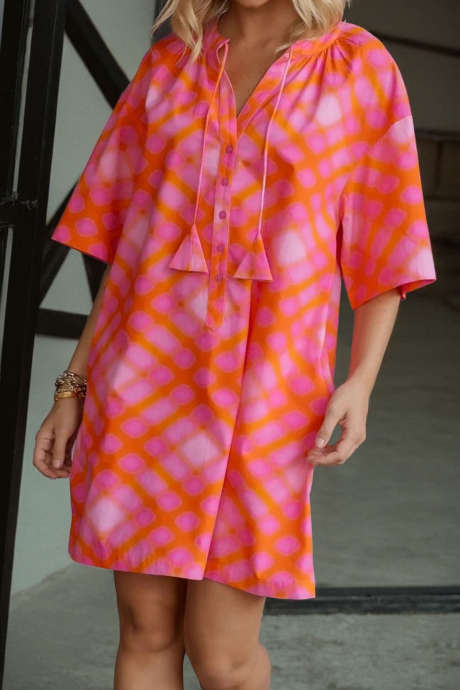 Pink Stylish Plaid Half Button Tie Neck Short Sleeve Shift Mini Dress