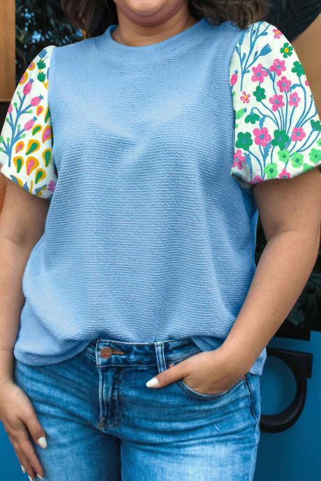 Light Blue Textured Bodice Contrast Floral Sleeve Plus Size Top