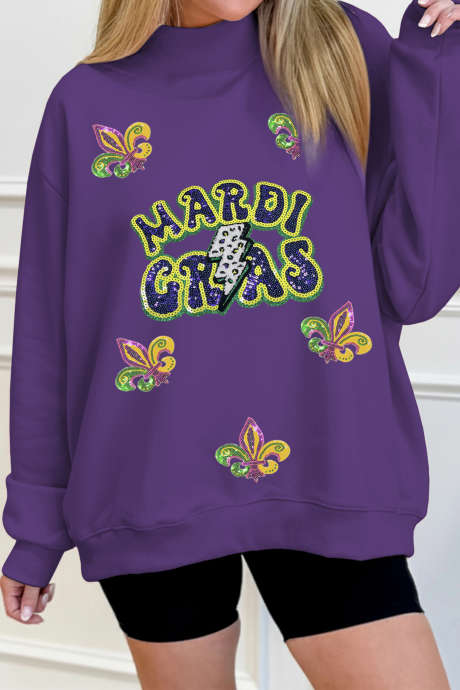 Sweat-shirt à col montant Tillandsia Purple MARDI GRAS à motif léopard et éclairs, orné de sequins, référence LC25321290-P8