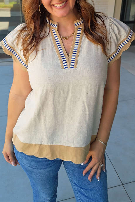 Apricot Plus Size Color Block Striped Detail V Neck Flutter Sleeve Blouse