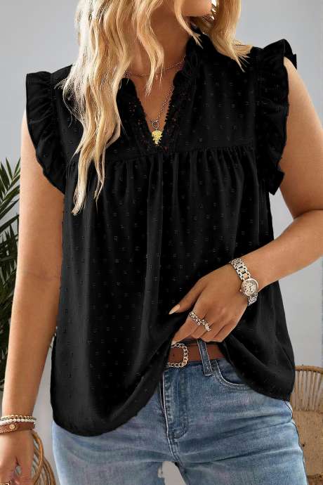 Black Plus Size Swiss Dot Ruffle Lace Trim V Neck Tank Top