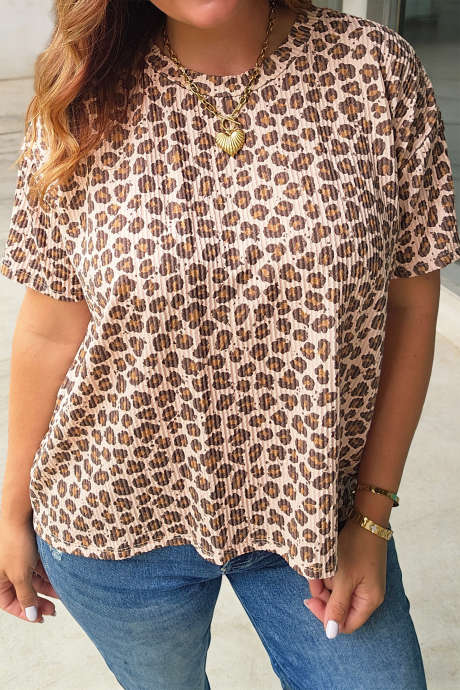 Khaki Plus Size Ribbed Leopard Short Sleeve Top
