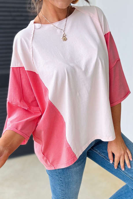 Strawberry Pink Exposed Seam Color Block Patchwork Mineral Wash 3/4 Sleeve Tee