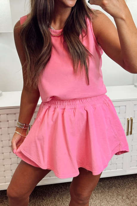 Sachet Pink Solid Color Loose Tank Top Elastic Waist Ruffled Skort Set