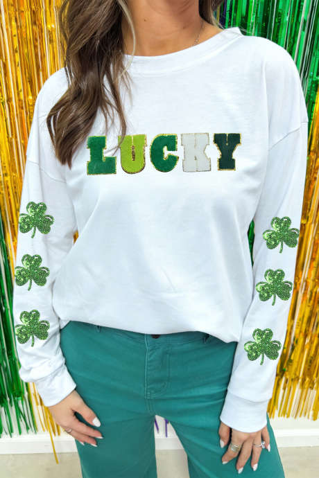 White LUCKY Chenille Letter Sequin Clover Long Sleeve Top LC25231218-P1
