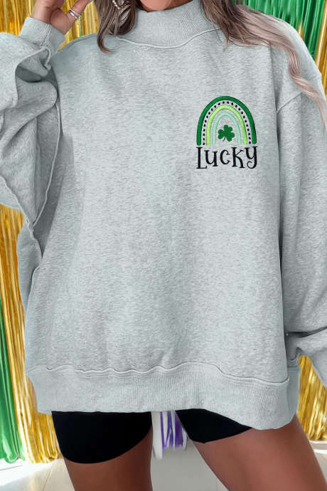 Sweat-shirt ample à col montant brodé d'un trèfle porte-bonheur gris pour la Saint-Patrick LC25321287-P11