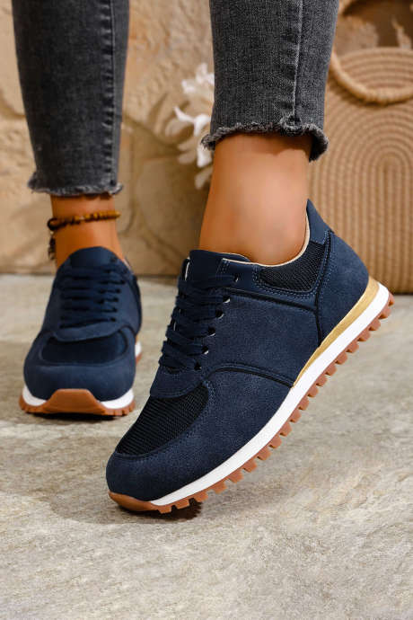 Baskets de jogging rétro en suédine bleu marine à patchwork mixte BH024183-P605