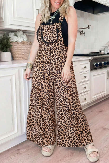 Khaki Cheetah Printed Contrast Lace Detail Ruffled Wide Leg Jumpsuit LC6414721-P1620