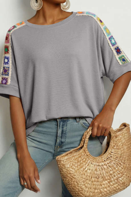 Light Grey Granny Square Crochet Detail Loose T Shirt