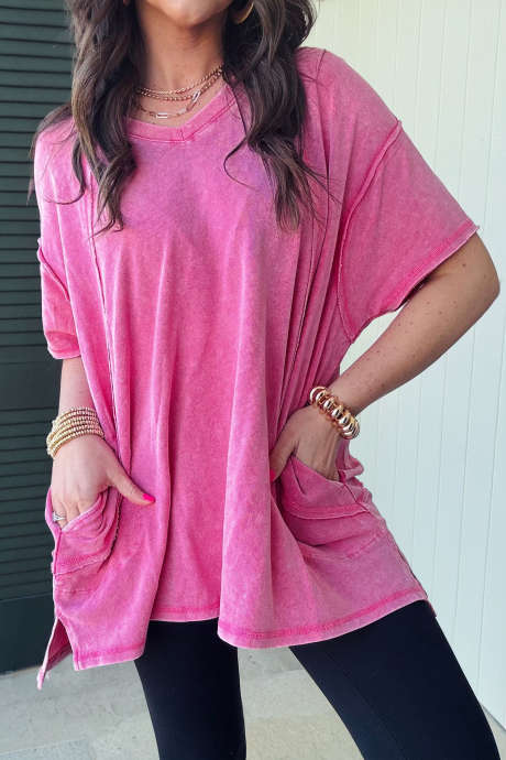 Rose Red Mineral Wash Raw Seam Detail V Neck Tunic T Shirt