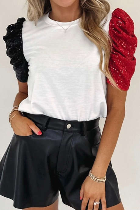 White Sequin Contrast Short Puff Sleeve Top