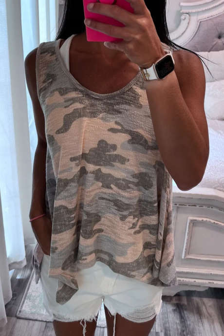 Multicolour Camouflage Print Lightweight Breathable Knit Loose Tank Top