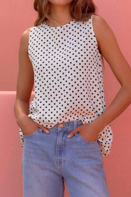 White Polka Dot Print Button Keyhole Elegant Tank Top