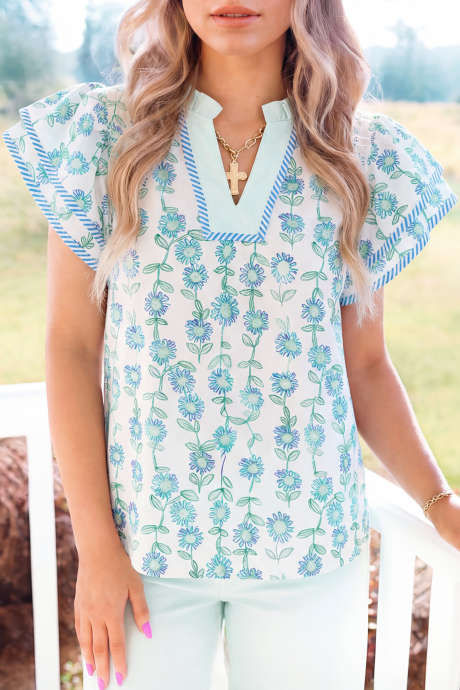 Chemisier vert à imprimé floral, rayures contrastées, col en V, patchwork, manches flottantes, LC25132632-P920