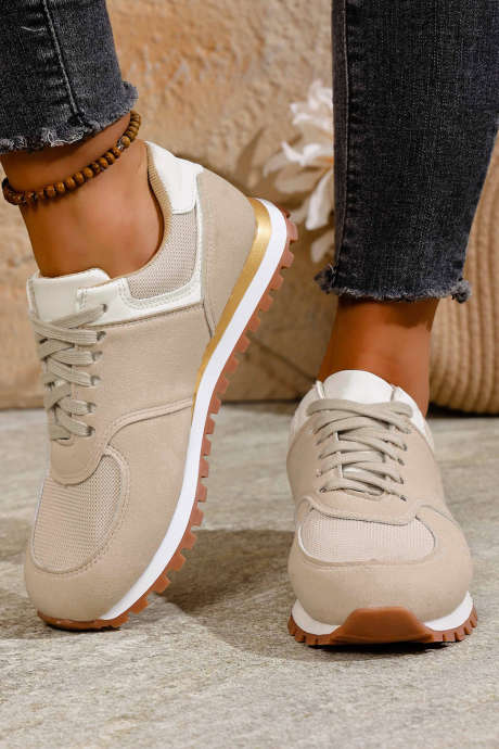 Beige Faux Suede Mixed Patchwork Retro Jogger Sneakers BH024183-P15