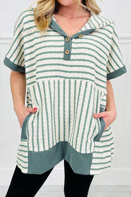 Green Stripe Twisted Rib Color Block Detail Short Sleeve Hooded Loose Top
