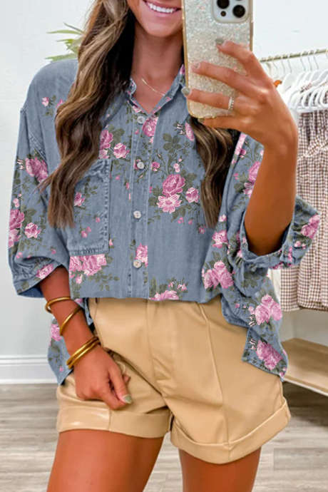 Blue floral denim shirt
