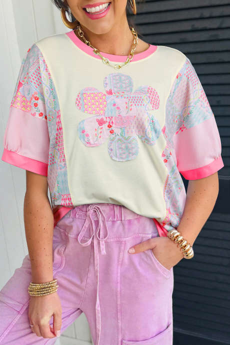 Beige Color Block Floral Patchwork Big Flower Accent Relaxed Top