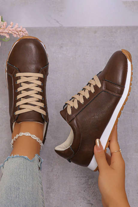 Baskets élégantes à lacets en cuir PU couleur café BH024160-P1017