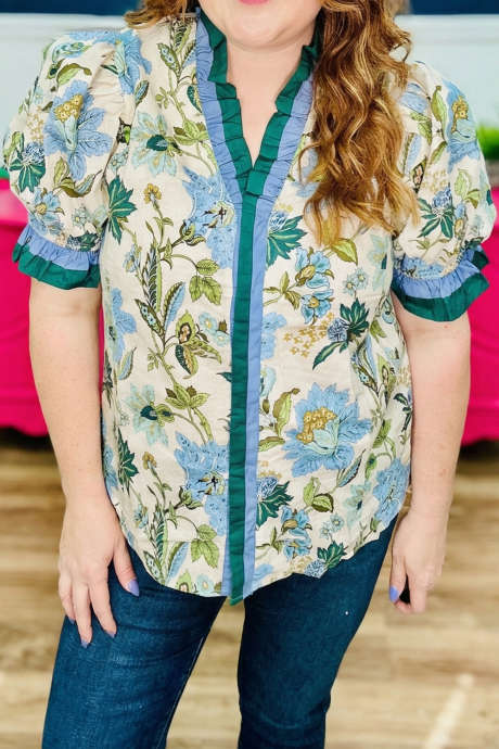 Sky Blue Plus Size Frilled V Neck Short Sleeve Floral Blouse PL2515033-P420