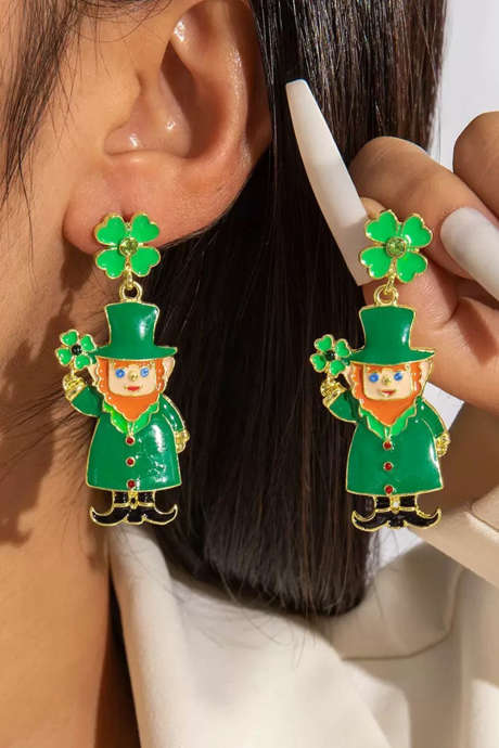Dark Green St Patricks Day Enameled Leprechaun Drop Earrings BH014792-P209