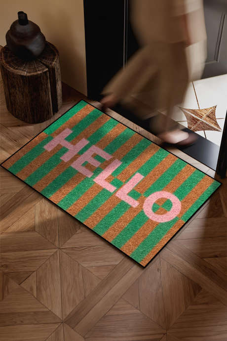 Bright Green Striped Printed HELLO Crystal Velvet Doormat